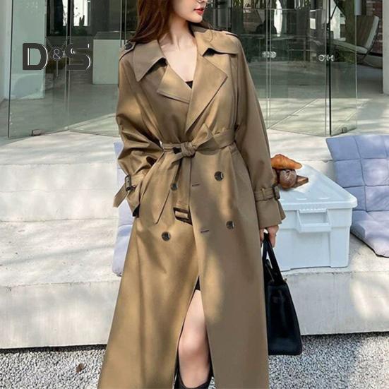 Dámský dvouřadý dlouhý trenčkot, větruodolný, štíhlý kabát s klopou a páskem, větrovka, jaro/podzim