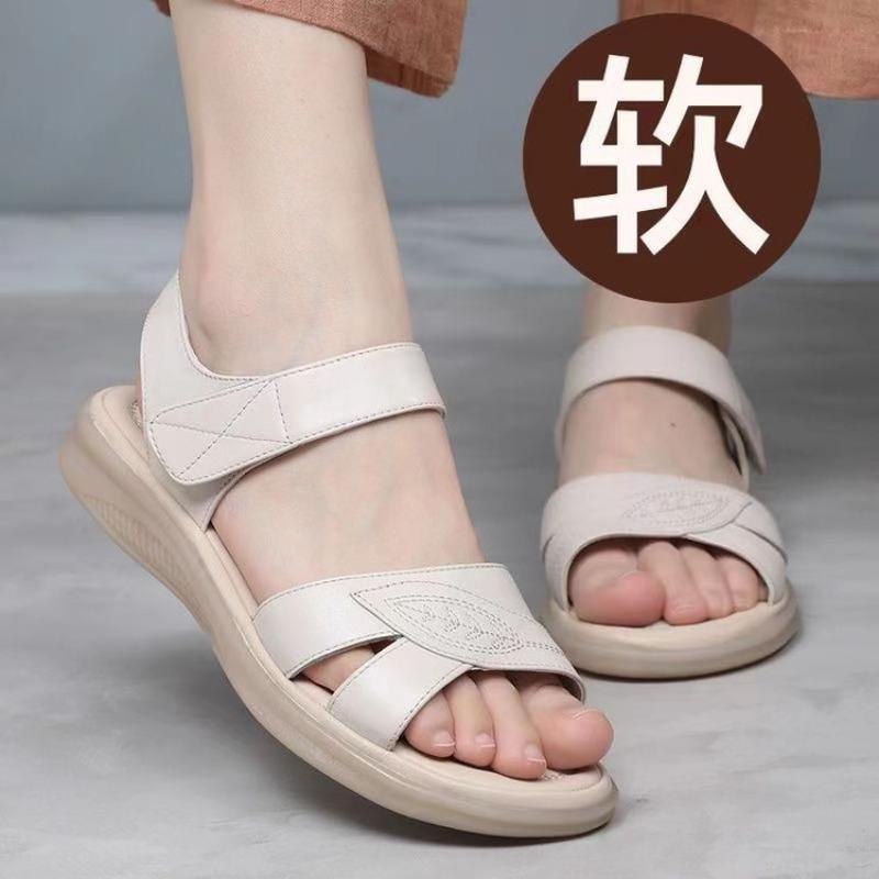 Beef Tendon Sole Mother Sandals Women's Flat Bottom Summer New Versatile Outer Wear Comfortable and Light Middle-aged and Elderly Sandals Velcro