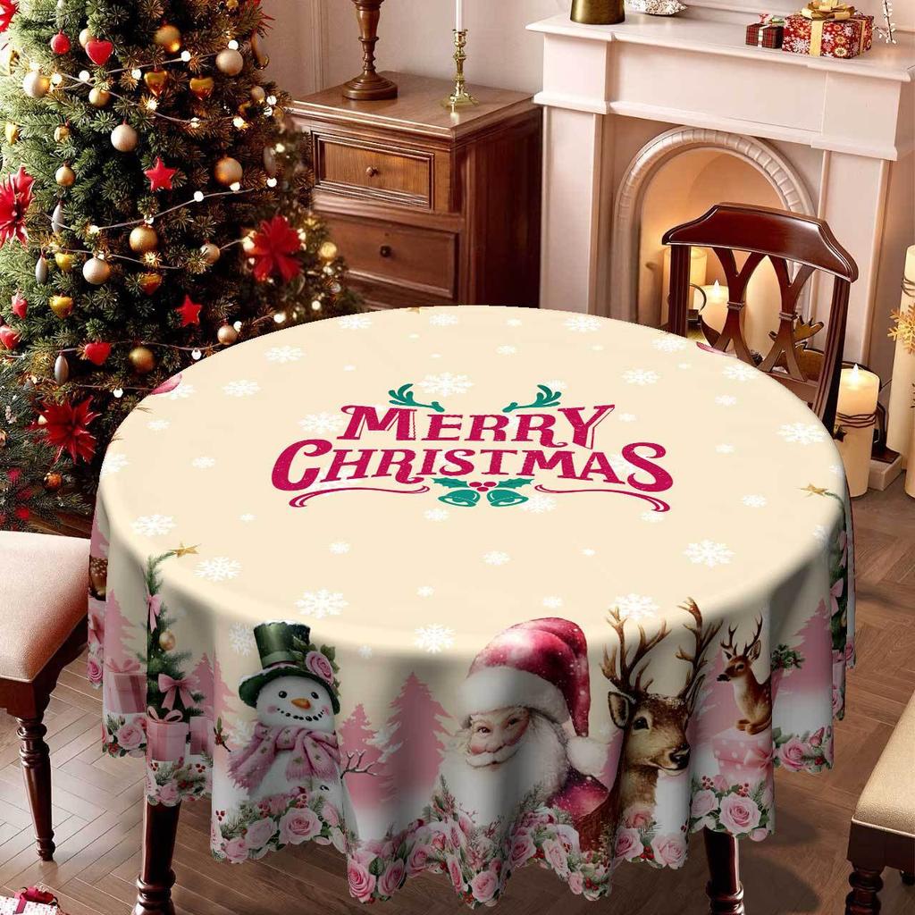 Christmas Tablecloth, Merry Christmas Merry Christmas Snowman Elk Flower Round Tablecloth