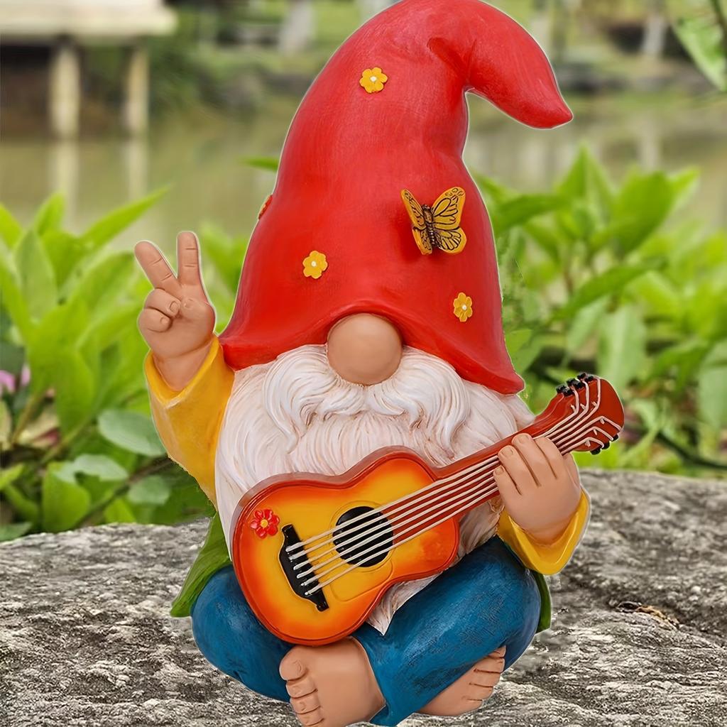 Fantasievolle Hippie-Gitarre Zwergstatue - Bunter Harz-Hofzwerg Geeignet für Außen- und Heimdekoration