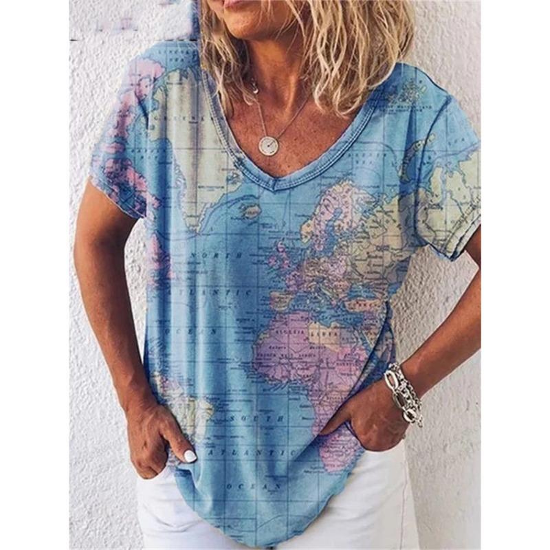 Women's T Shirt Map 3d Print T-shirt Women Fashion V-Neck T-shirts Short Sleeve Tops Tees Loose Tshirt Luxury Tshirt Casual