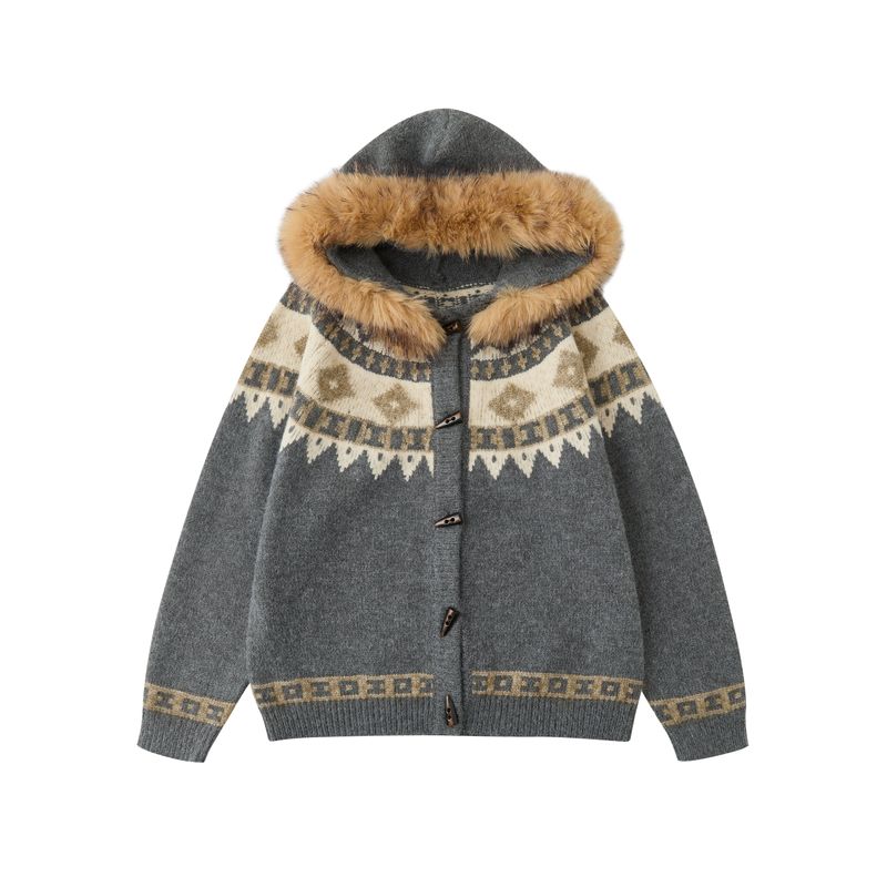 Dream Made Fur Collar Hooded Fair Isle Cardigan Sweater for Men, Autumn and Winter Thickened Couple Knitwear Jacket