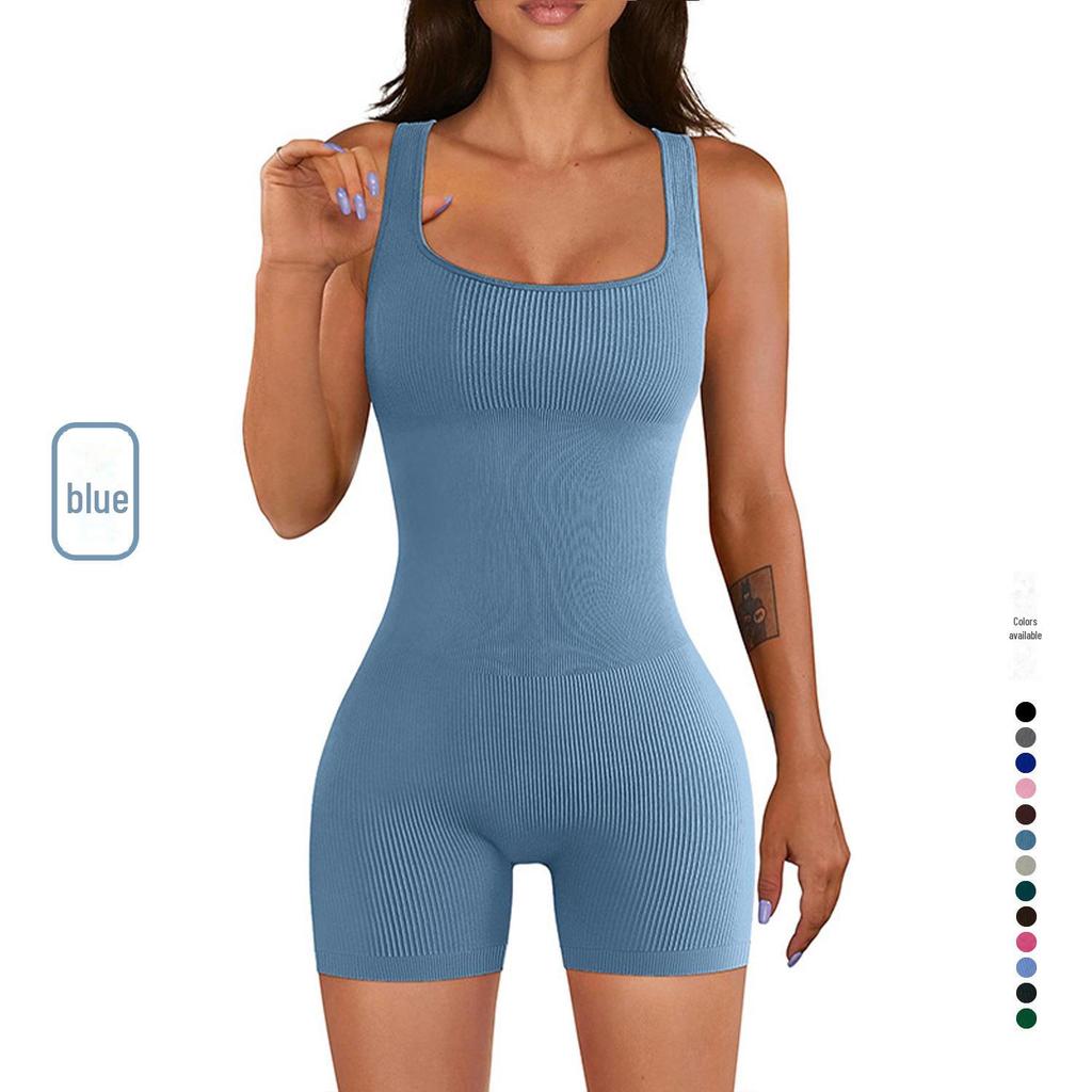 2023 Women's Ribbed Yoga Jumpsuit - Short-Sleeved and Tight Fit for Summer Fitness