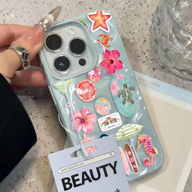 Folds Texture Soft Phone Case For iPhone 16 15 14 13 12 11 Pro Max 15 Plus Summer Ocean Flower Seahorse Turtle Print Cover