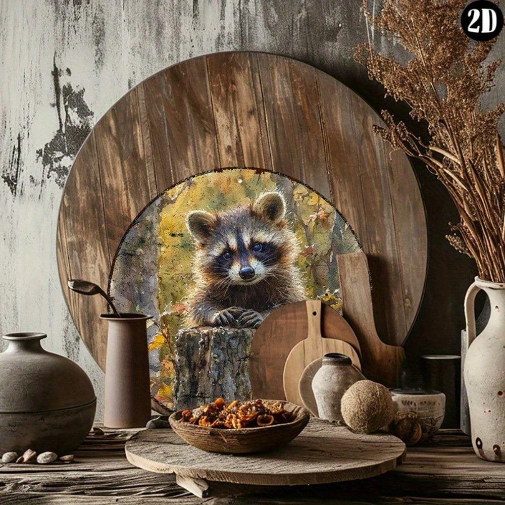 Raccoon Metal Tin Sign 8 Inch Round Wall Decor Art Rustic Vintage Home Hanging