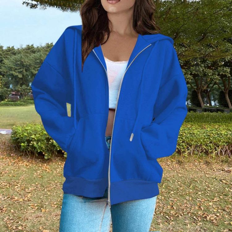 Women Casual Fashion Solid Color Zip Up Hooded Long Sleeve Sweatshirt