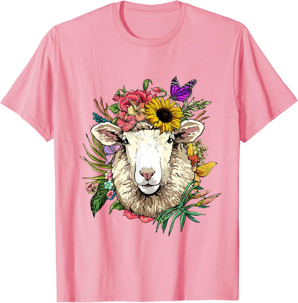 Blumen Schafskopf Kranz T-Shirt Tierliebhaber Bauernhof Grafik T-Shirt Frühling Sommer Freizeit