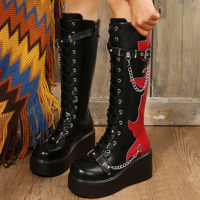 Punk Motorcycle Boots Platform Wedge Red Flame High Heel Cosplay Lolita Booties Belt Buckle Chain Side Zipper Lace Up Woman Shoe