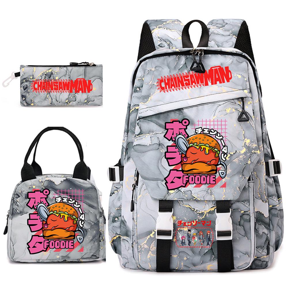 Chainsaw Man Anime Print Student Backpack Set for Girls with Lunch Bag Pencil Case School Daily Use