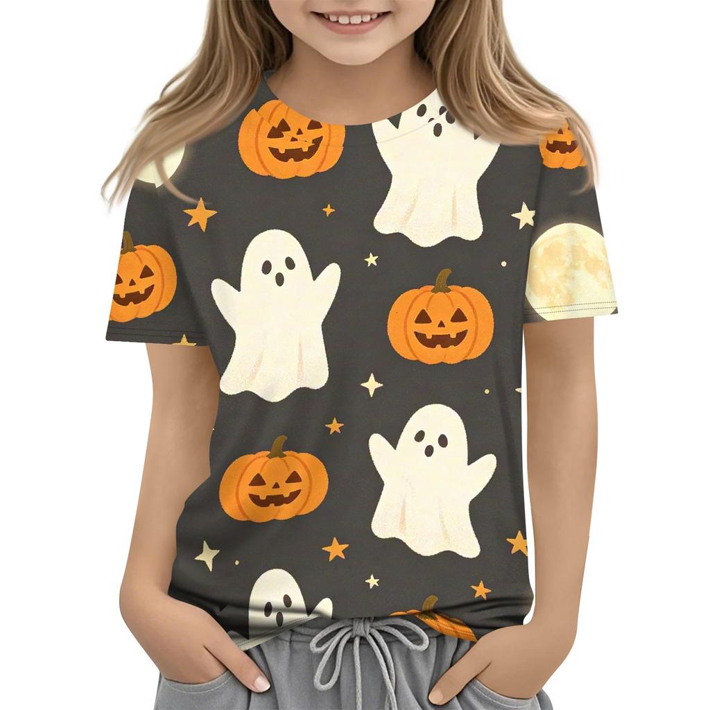 Kids Halloween Graphic T Shirt Short Sleeve Crew Neck Casual Tee Top with Pumpkin and Boat Print for Boys and Girls