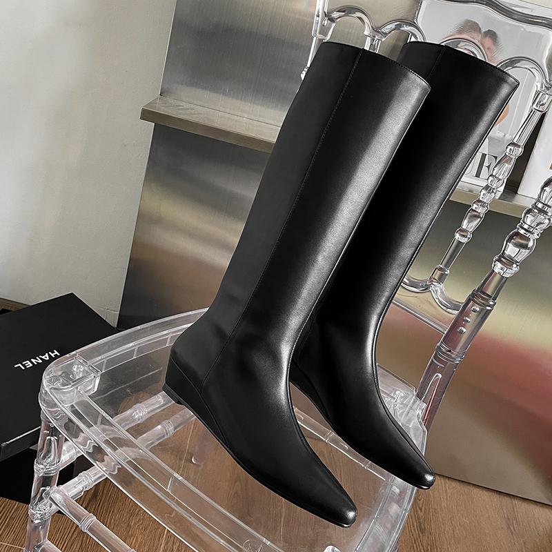 Fashion 2025 New Pointed Toe Women Boots Med Heels Knee-high Boots Split Leather Fashion Party Ladies Shoes Female Wedges Women Boots