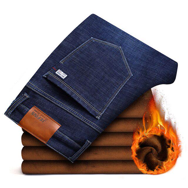Men  S Winter Jeans Warm Slim Fit Denim Pants Male Thicken Trousers Big Size Men Jeans Balck Blue 28 синий
