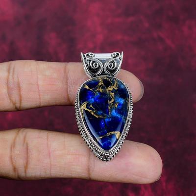 Pendente in Pietra Preziosa di Tormalina Blu Rame Fatto a Mano, Pendente in Argento Sterling Massiccio 925 Gioiello Antico, Per Regalo di Fidanzamento