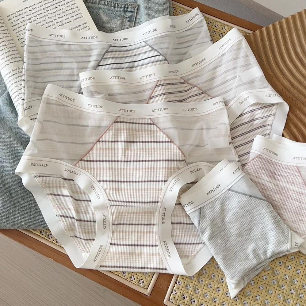 3Pcs Ultra-thin Stripe Letter Briefs Mid Waist Underwear for Women Mesh Seamless Panties  Girl