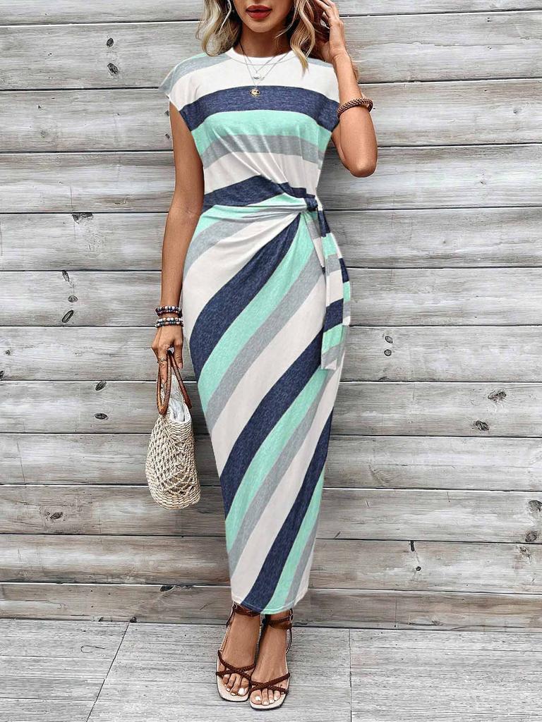 Sommer Damen Langer Rock O-Ausschnitt Kurzarm Gestreift Tailliert Mode Schlank-schlank Urlaub Party Freizeitkleid