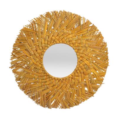 Straw Plaited Hanging Mirror Decoration Retro Nordic Style Round Hand Woven Dressing MirrorYellow Gold