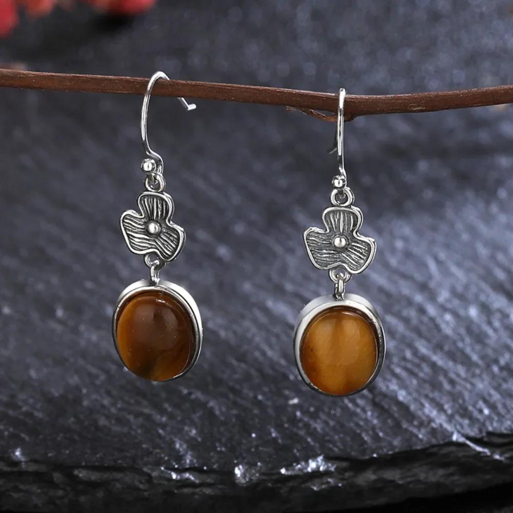 Vintage Earrings Natural Oval Tiger's Eye Stone Flower Shape S Silver Earring for Women Rhodochrosite Fine