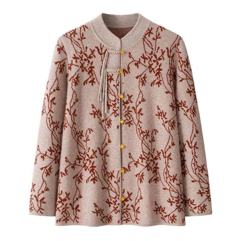 2025 Autumn/Winter Chinese Style Thick Wool Cardigan Sweater Coat for Women - Plus Size Loose Fit Mother's Outerwear