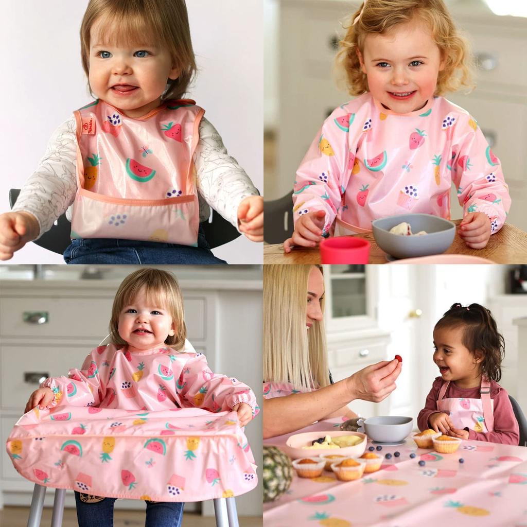 Meal Apron Machine Washable Baby Food Meal Apron Wipe Easy Coverall Long Sleeve Bib Table Cloth Pink Yami Treat [Bibetta]