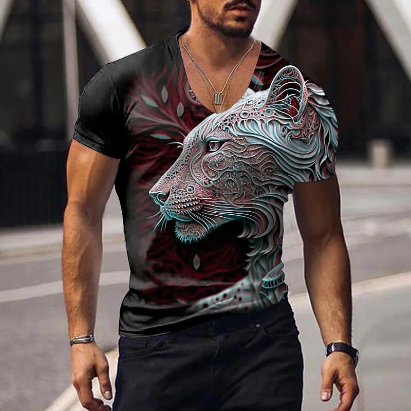 Oversized Animal T-shirt Unisex Black Tees Lion Print Shirts Pattern V-neck Tops Fashion Casual Short Sleeve Summer Unisex's Clothing