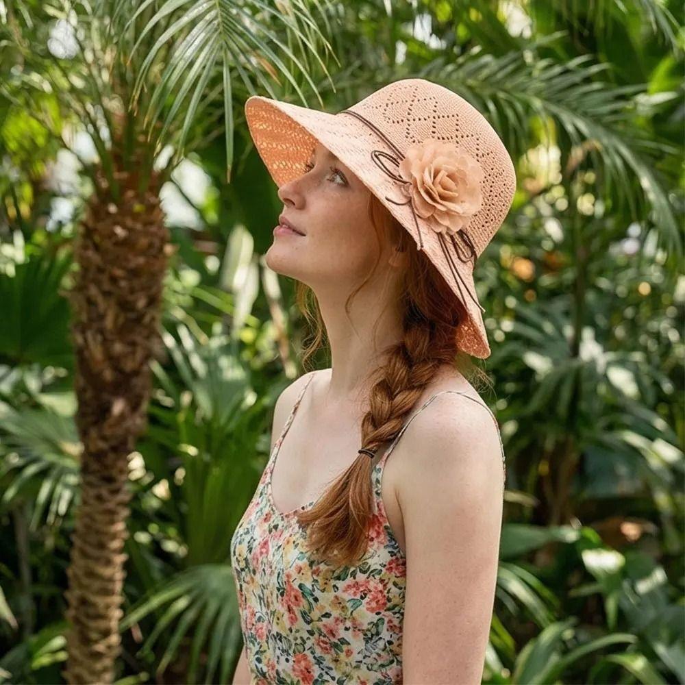Flowers Decoration Beach Hat Foldable Design Bucket Hat Casual Straw Hat  Sun Protection