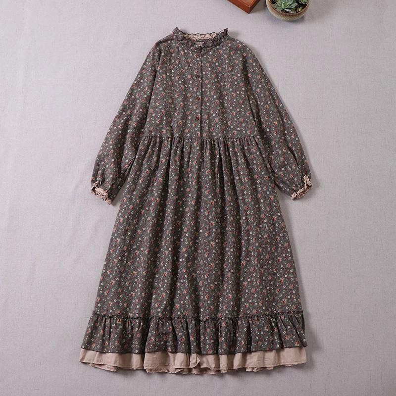 Japanese Mori Girl Art Print Dress Pretty Cotton Linen Spring Women Floral  Dress Loose Long-sleeved  Dress Midi Dress