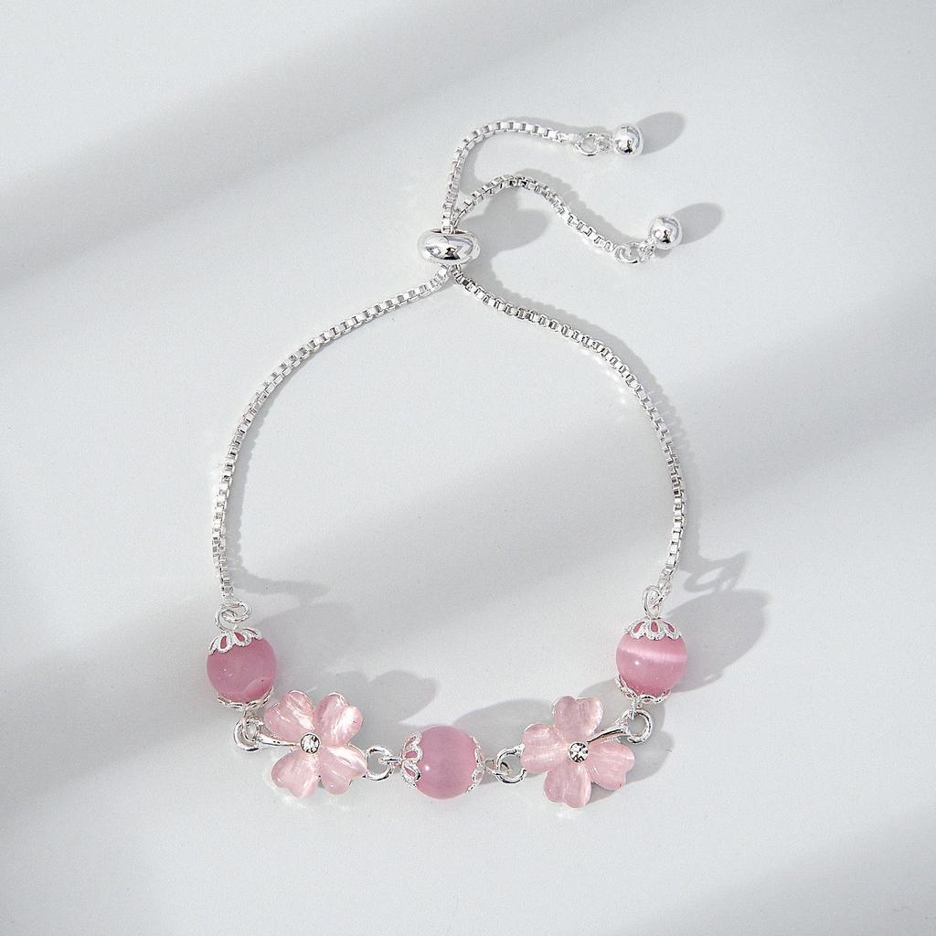 Lucky Four-Leaf Clover Adjustable Green Cat's Eye Bracelet for Women (Mori Style)