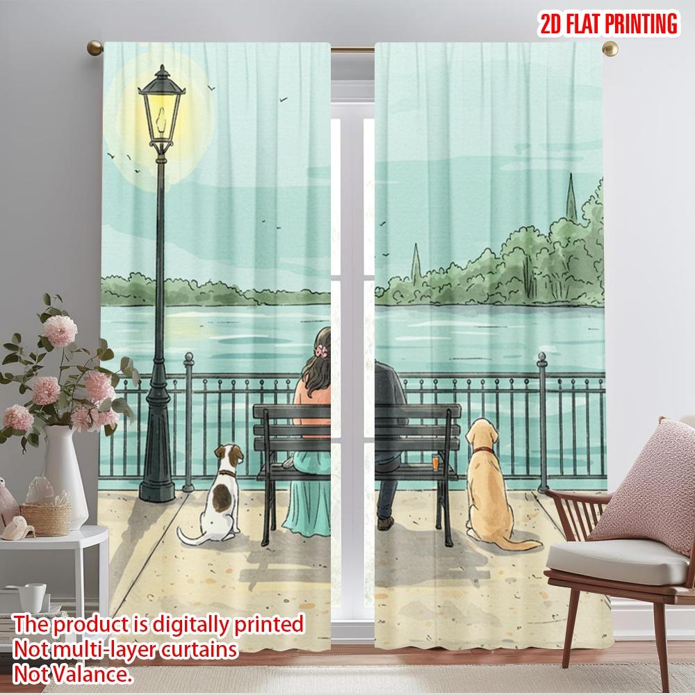 

2pcs 2D flat printing Drapes Couple Sitting By Water Polyester Without Electricity Birthday Party Use for Decorations 52.50×116.00 CM 2pcs