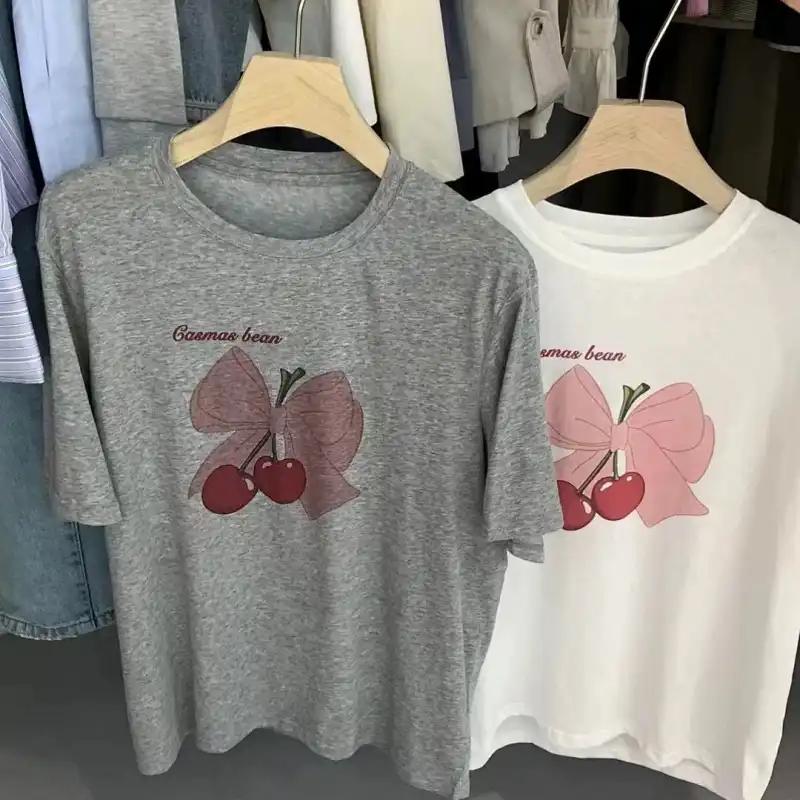 Women's Cherry Bow Print T-shirt Casual Short Sleeve Crew Neck Summer Top