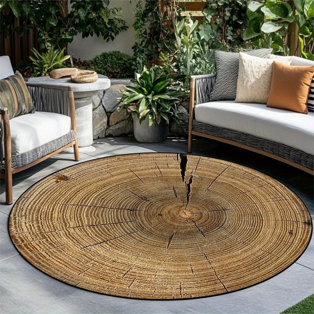 Tappeto Rotondo in Flanella con Venature del Legno e Anelli degli Alberi, Rustico, per Esterno, Patio, Giardino, Balcone, Tappetino per Pavimento, Texture Naturale, Decorazione Ecologica