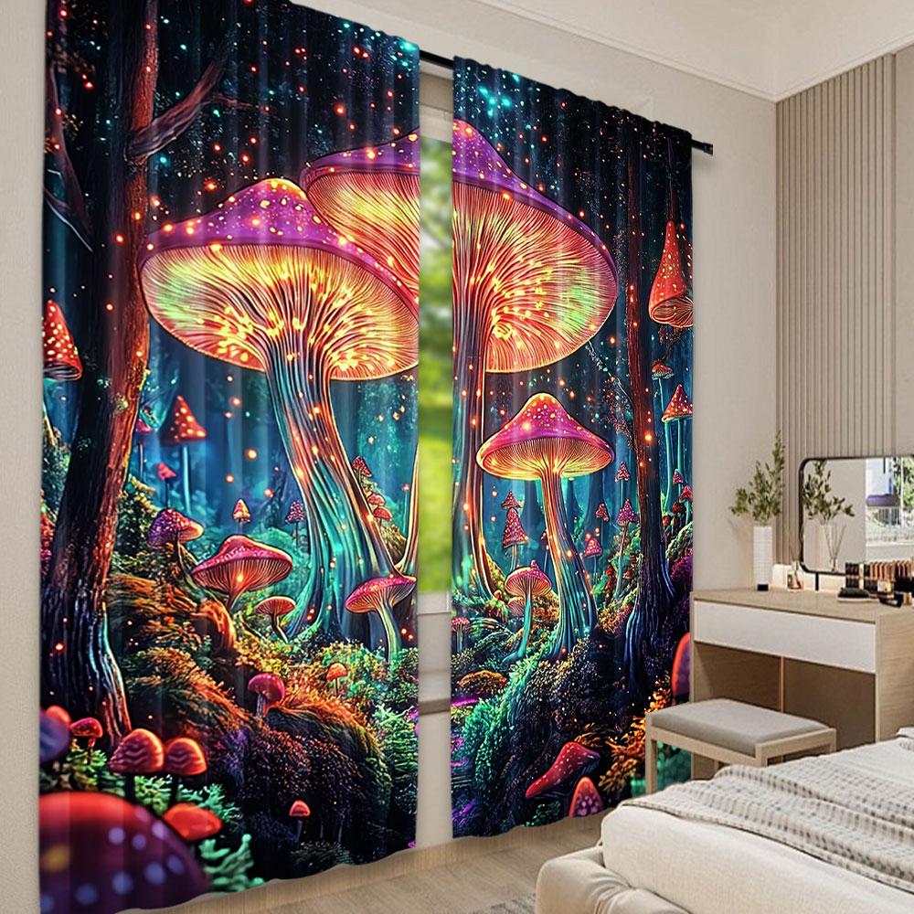 2Pcs Mushroom Curtain Boho Curtains For Cute Mushroom Mother Curtains Blue Forest Landscape Curtain For Bedroom Living Room