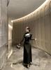 Women's Black Sexy Hollow Long Sleeve Dress with High Collar and Slim Fit