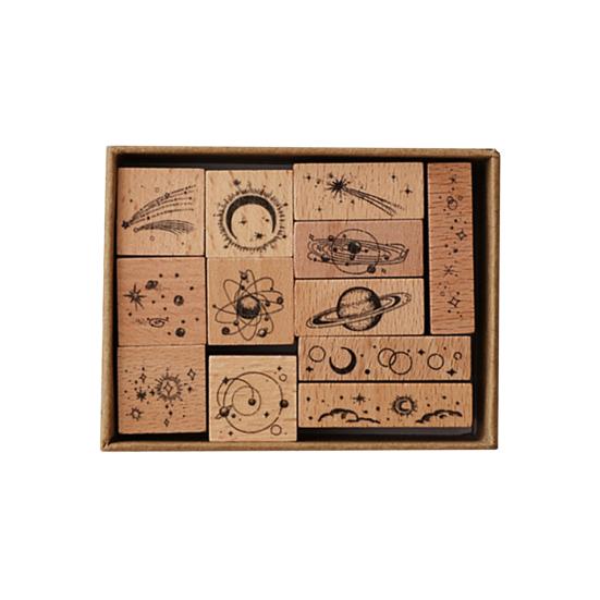 12 Pcs Vintage Wood Rubber Stamp Universe Letters Number Flowers Retro Stamp Set for DIY Art Craft Journals Scrapbooking Planner Card Making