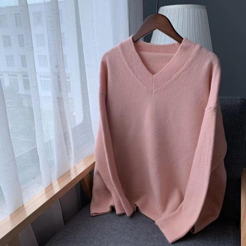 Casual V-neck Loose Pullover Knitted Women Sweater Autumn and Winter Fashion Bottoming Shirt Elegant Office Ladies Long Sleeve Sweater Solid Color Top