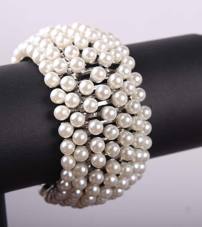 Exaggerated Pearl Metal Elastic Wide Bracelet Bracelet Female Big Brand Accessories