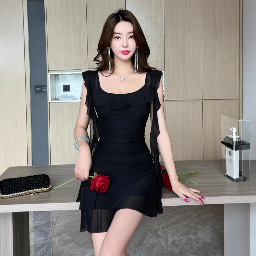 Fashion Personality Ribbon Spice Girl Dress Women's Summer Mesh Folds Waist Backless Sexy Foreign Style Suspender Mom Dress