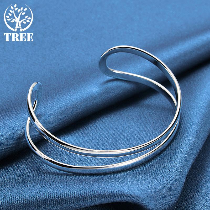 925 Sterling Silver Double Circle Line Bangle Bracelet Jewelry