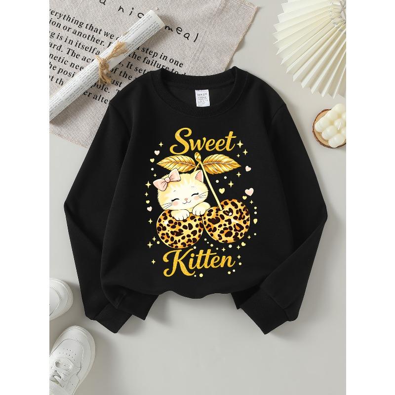 European Sizes Girls Soft Crewneck Sweatshirt Sweet Kitten Leopard Cherry Print Design, Casual All-Match, Ideal Holiday Present