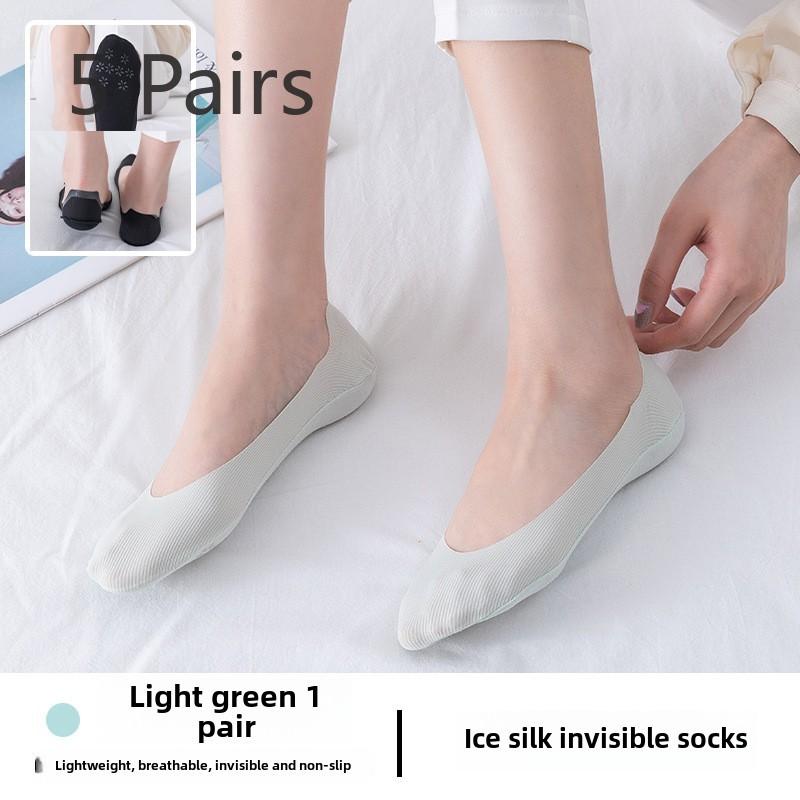 5 Pairs of Women's Spring and Summer Thin Ice Silk Shallow Mouth Invisible Non Slip with Boat Socks