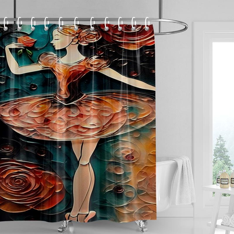 Ballerina Shower Curtain-Pink And Blue Ballerina Floral Print Waterproof Art Bathroom Decoration 180x 80cm 180 x240cm