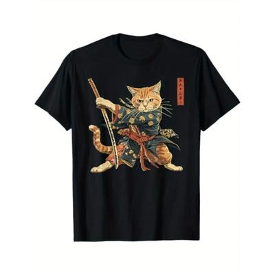 Taglie Europee T-shirt da Uomo Gatto Samurai Ninja, Stile Kawaii Anime Manga con Stampa Guerriero Kanji