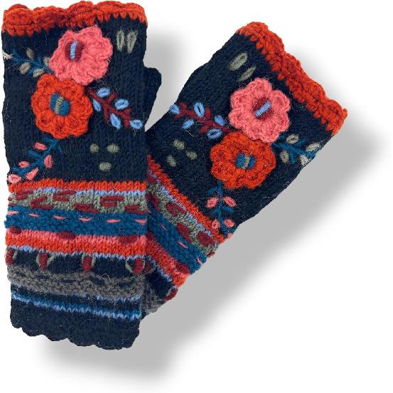 Ella Sussman Hand Knit Fingerless Embroidered 2 Flower Gloves Embroidered Wool Fleece Lined Texting Mittens Arm Warmers