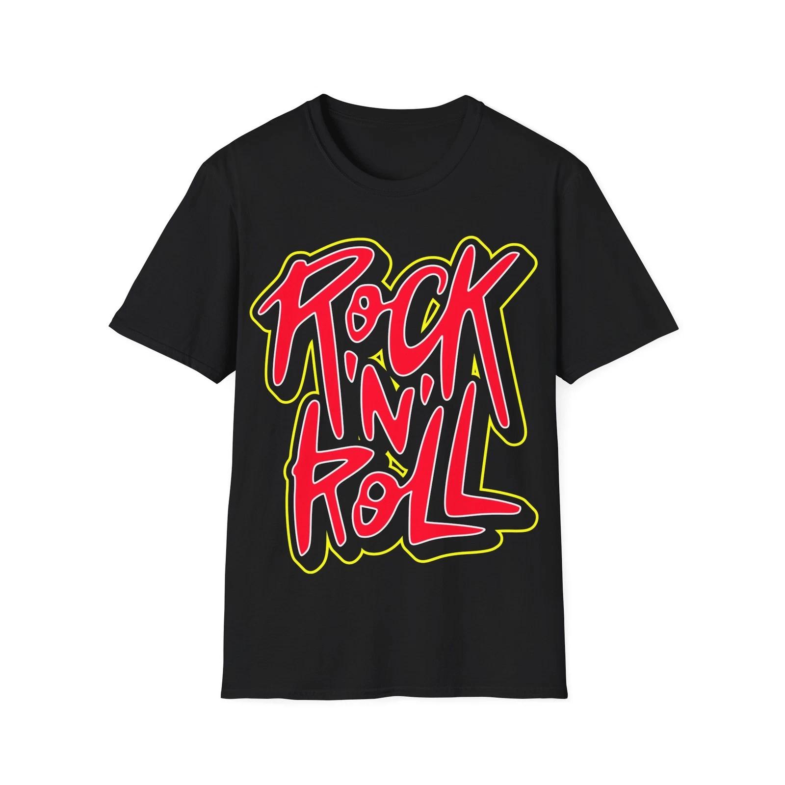 Rock N Roll T-Shirt, Graffiti Style Typography Tee, Classic Rock Regular Fit Top 2XL