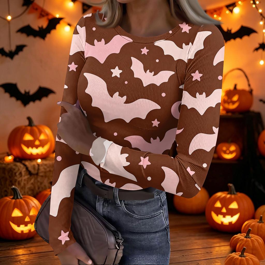 Women's Casual Long Sleeve Ribbed Top Crew Neck Halloween Print Slim Fit Stretchy Lightweight Shirt for Everyday Wear