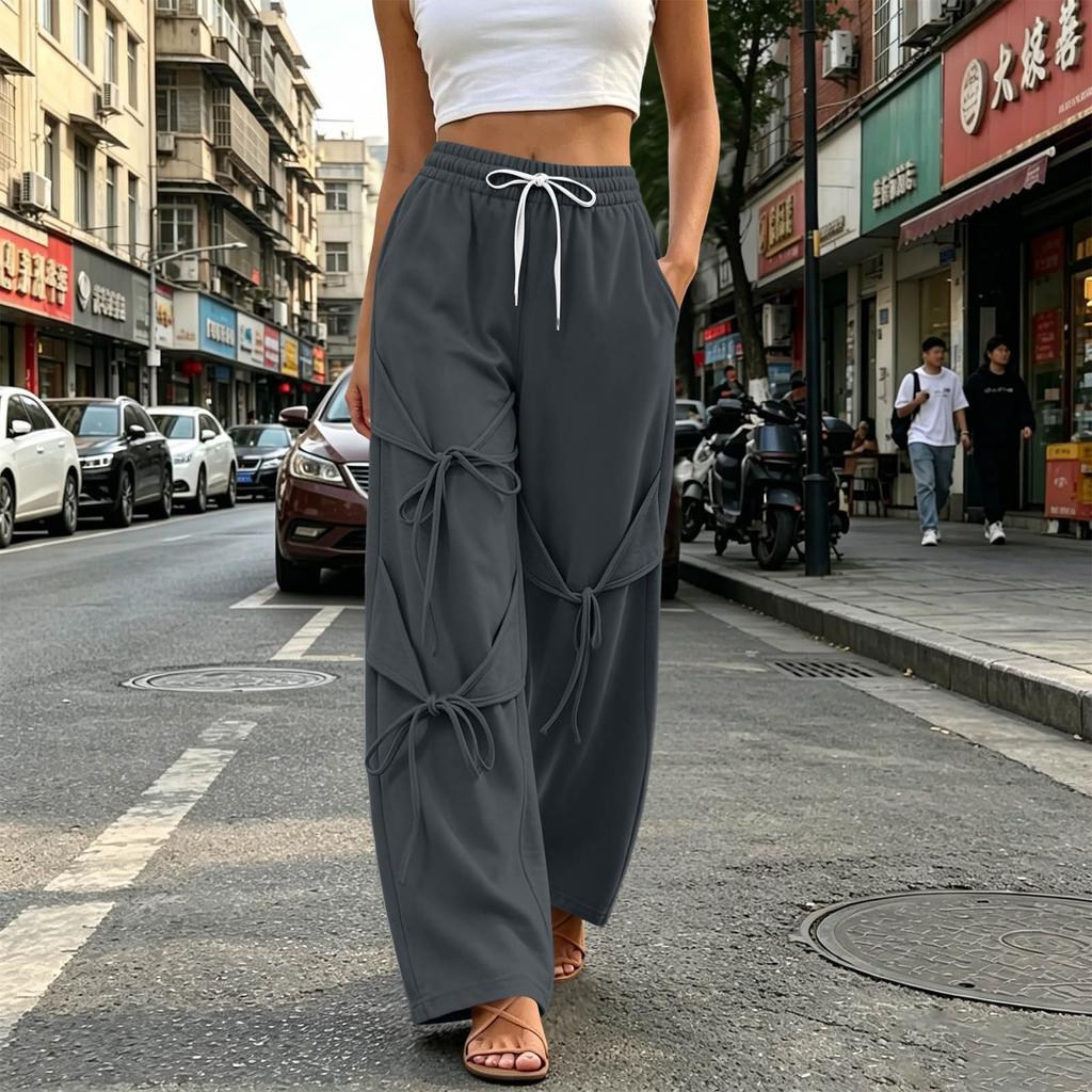Women's Casual Drawstring Wide Leg Tapered Pants with Pockets and