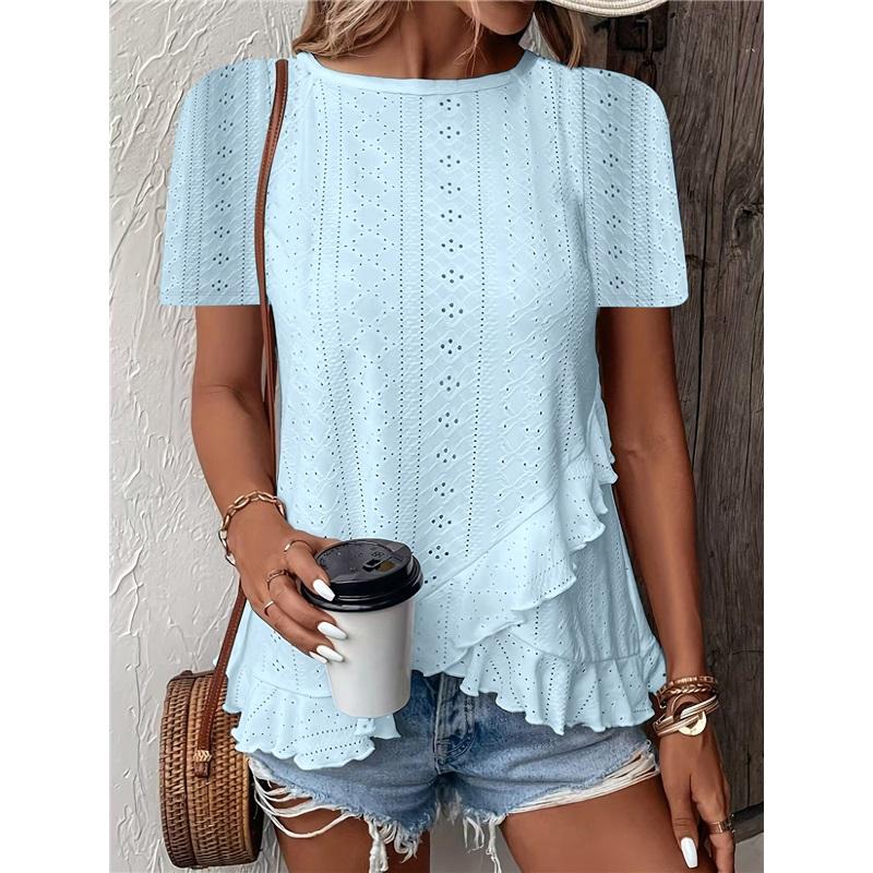 Women's Casual Hollow Out Ruffle Hem T-Shirt - Short Sleeve Round Neck Solid Color Top