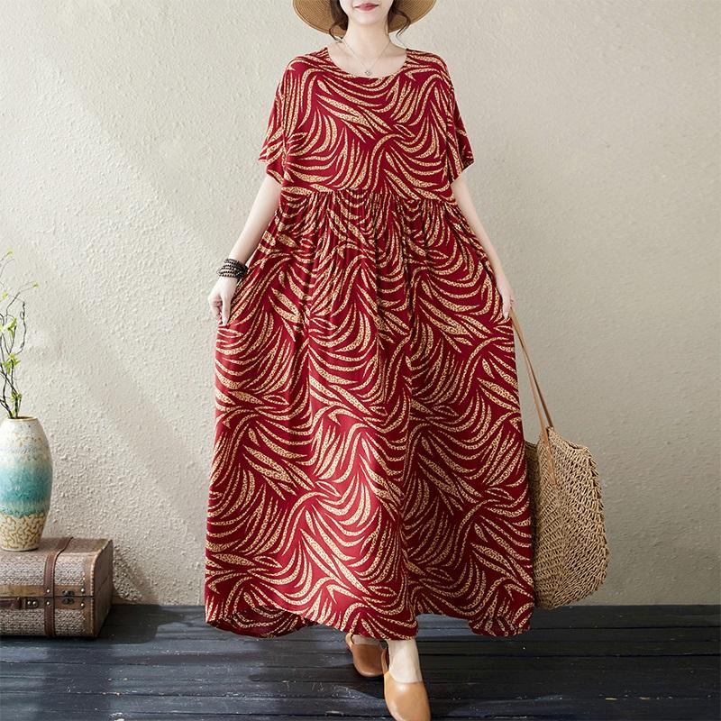 Short Sleeve Plus Size Cotton Vintage Floral New In Dresses for Women Casual Loose Long Summer Dress