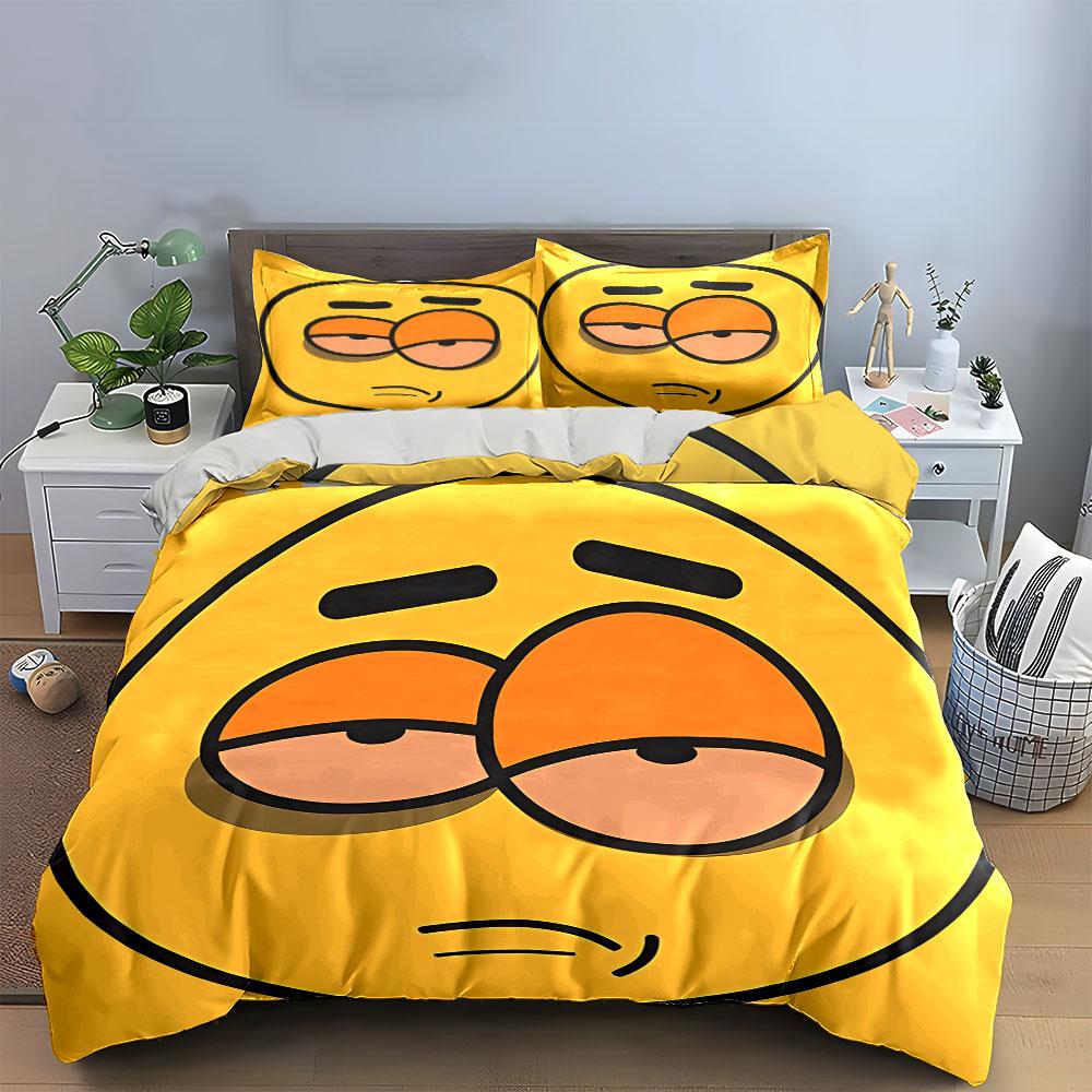 3Pcs Sleepy Lazy Face Cartoon Duvet Cover Set, Solid Yellow Minimal Emoji Bedding with 1 Duvet Cover 2 Pillowcases, Gift