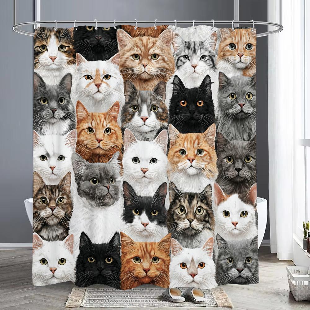 

Cute Cat Shower Curtain For Bathroom Decor, Funny Bathroom Curtain , Cat Cute Cartoon Waterproof Fabric Home Curtain With Hooks W60H190(CM)-1 Pcs