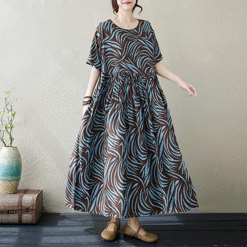 

Новое хлопковое платье больших размеров с коротким рукавом и цветочным принтом для женщин, повседневное свободное длинное летнее платье